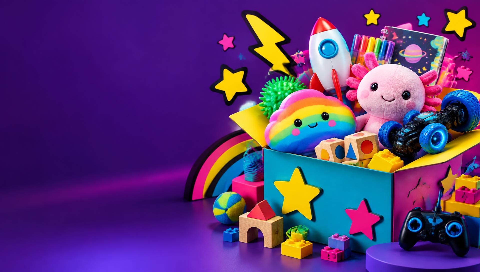 A colorful WildBox toy box filled with plush, crafts, blocks, a rocket and an RC car
